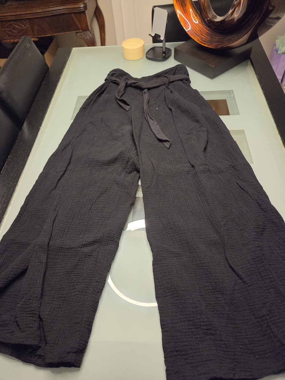 Women's Black Wide-Leg Tie Waist Pants